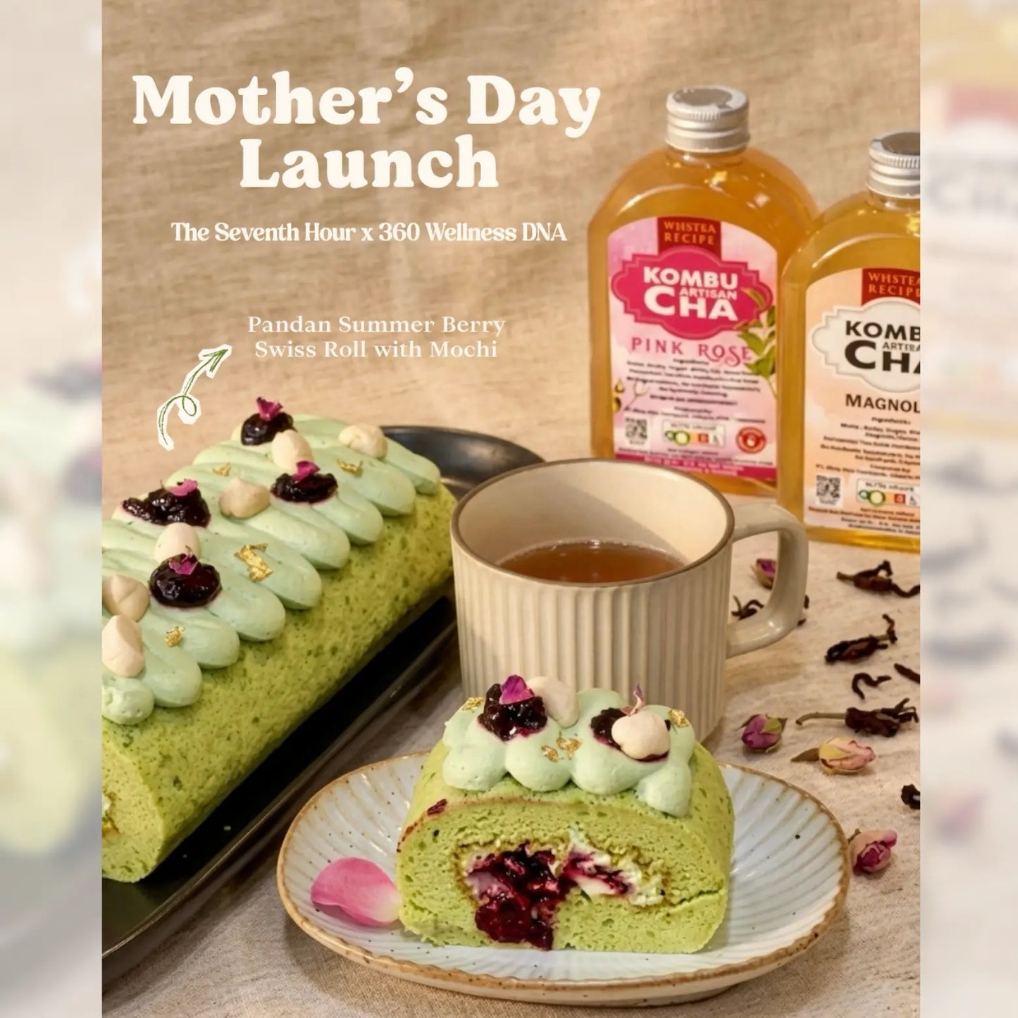 3 Slices of Pandan Summer Berry Swiss Roll with Mochi + Kombucha