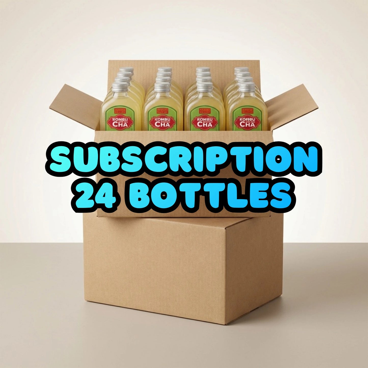 Box of Wisktea recipe kombucha bottles with 'Subscription 24 Bottles' text on a light background.