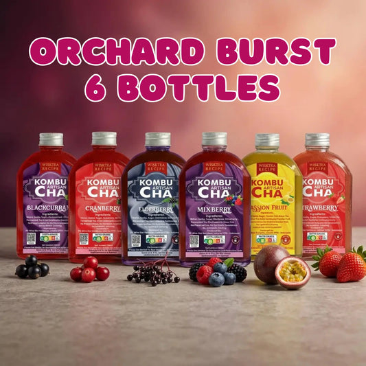 Wisktea Recipe Kombucha bottles in various flavors with fruits. Blackcurrant, Cranberry, Elderberry, Mixberry, Passion Fruit, Strawberry flavours.