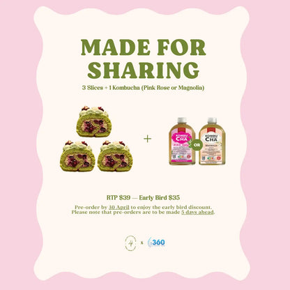 3 Slices of Pandan Summer Berry Swiss Roll with Mochi + Kombucha