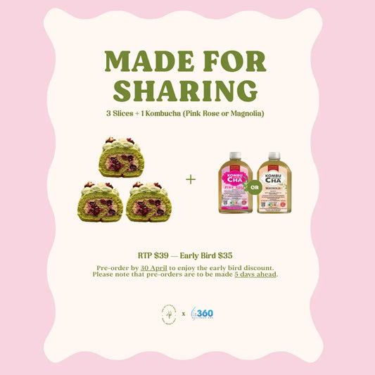 3 Slices of Pandan Summer Berry Swiss Roll with Mochi + Kombucha