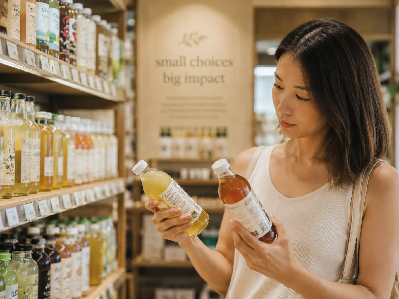 Woman holding bottles of juice in a store with a 'small choices big impact' sign in the background.