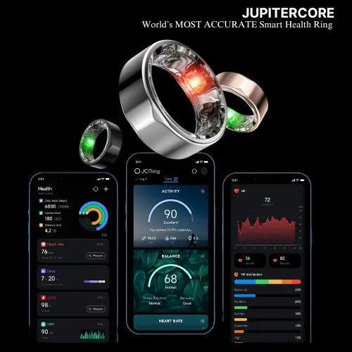 Jupitercore smart health ring with smartphone app displaying health metrics