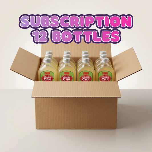 Box of Wisktea recipe kombucha bottles with 'Subscription 12 Bottles' text on a light background.