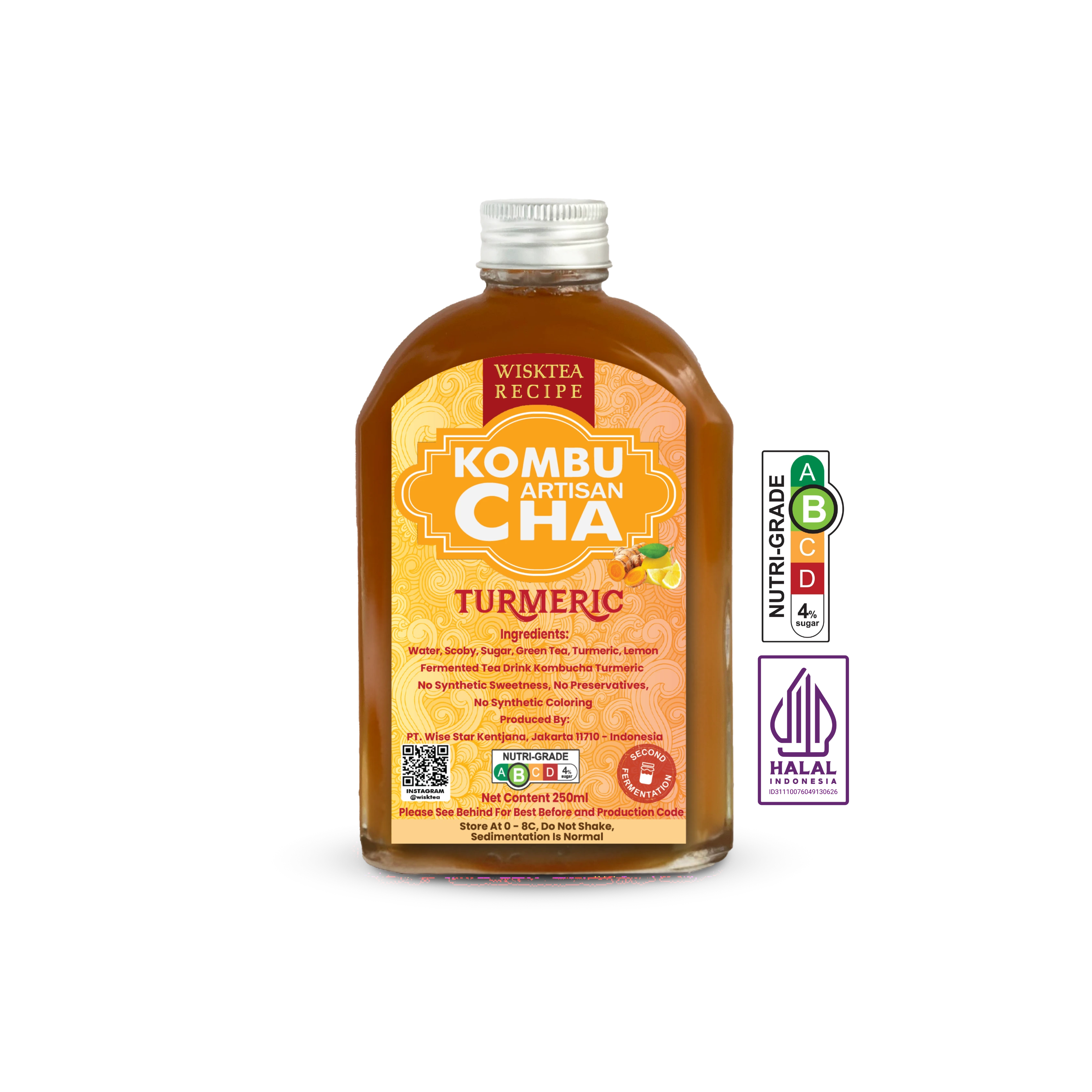 WiskTea Recipe Turmeric Kombucha 250ml bottle made with real turmeric, lemon and naturally fermented tea, Halal-certified. Contain live cultures.